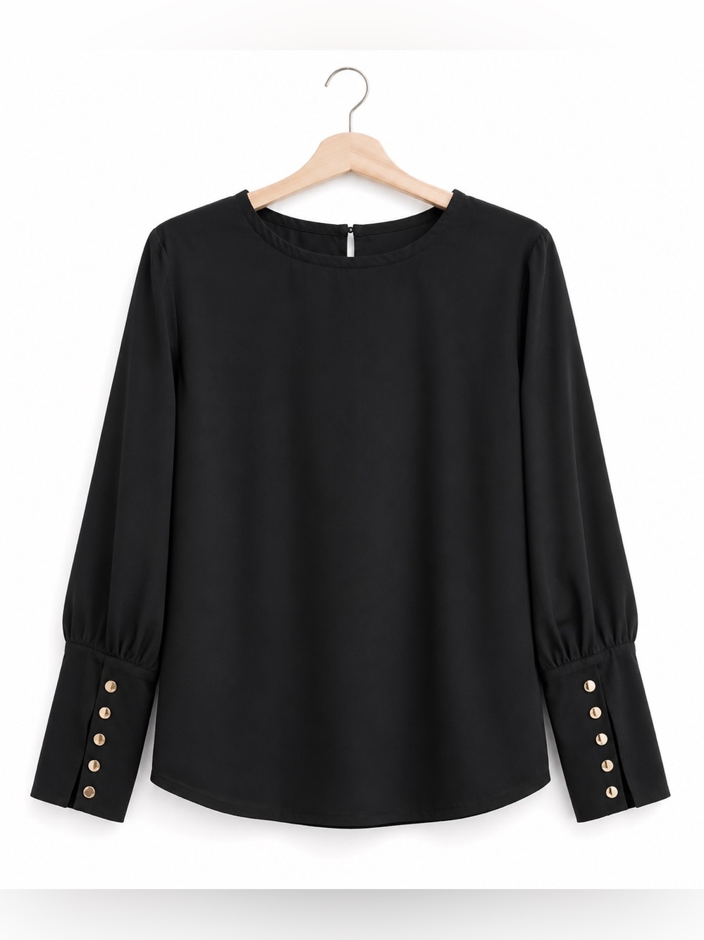 Elegant Black Long-Sleeve Blouse with Decorative Cuff Buttons